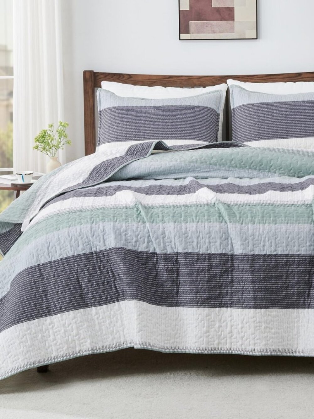 King Size Quilt Set, 3 Pieces Striped Sage Green Bedspreads Set